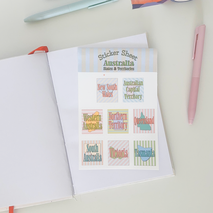 Sticker sheet with 8 different stickers with australian's states and territories in a vintage design with soft colours