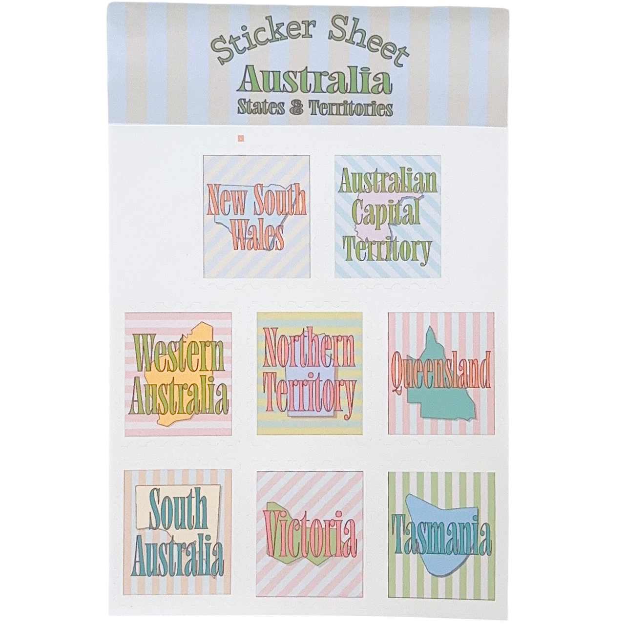 Sticker sheet with 8 different stickers with australian's states and territories in a vintage design with soft colours