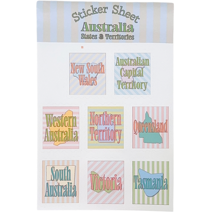 Sticker sheet with 8 different stickers with australian's states and territories in a vintage design with soft colours