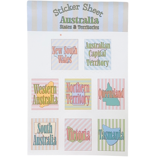 Sticker sheet with 8 different stickers with australian's states and territories in a vintage design with soft colours