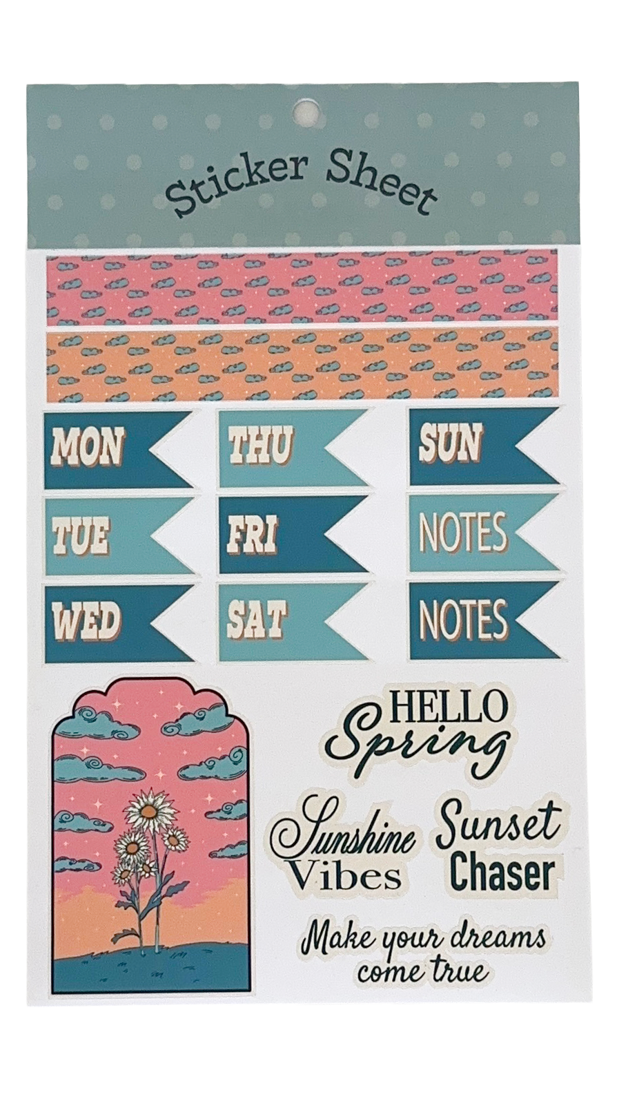 Sticker sheet with days of week with shades of green. 