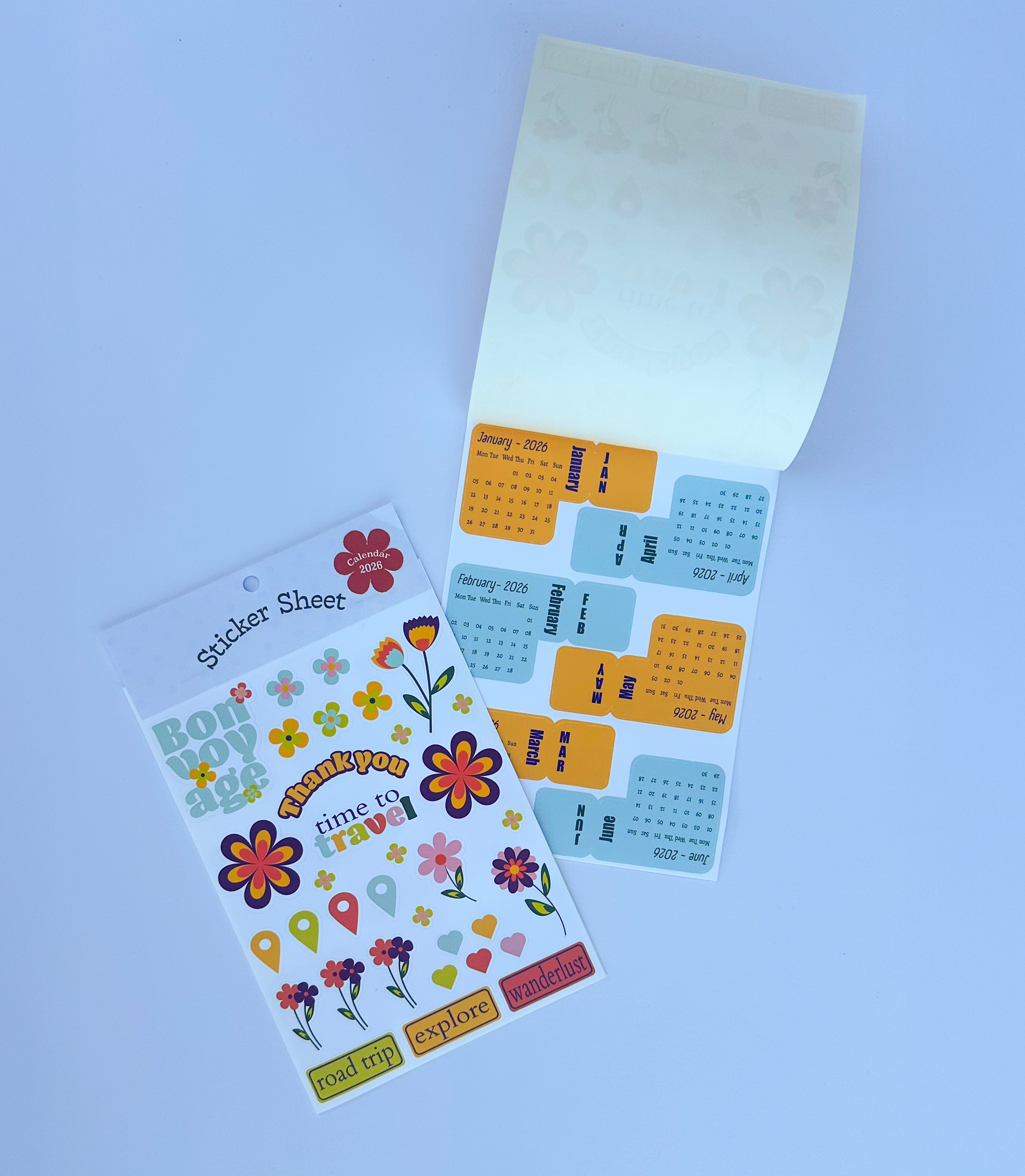 Two sticker sheets with colorful designs on a white background